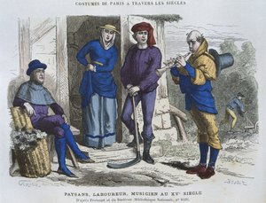 Paraszt, munkás, zenész a tizenötödik században, Froissard "Chroniques" című műve után, a "Costumes de Paris a Travers les Siecles" című kötetből, szerk. Roy, megjelent 1887-ben.